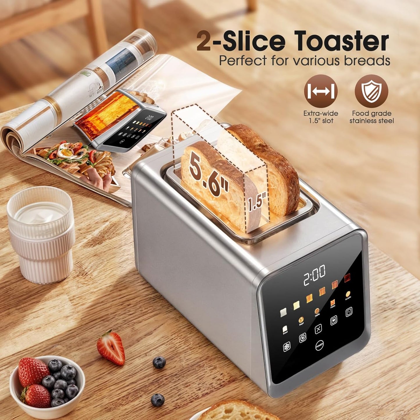 Skiennix Touch Screen Toaster - 2 Slice Stainless Steel Smart Toaster with Memory Function & 6 Shade Settings