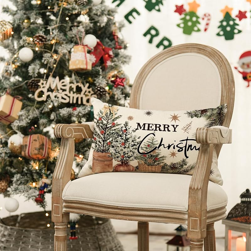 Merry Christmas Eucalyptus Red Berries Throw Pillow Cover 20" x 12" — Winter Holiday Cushion Case