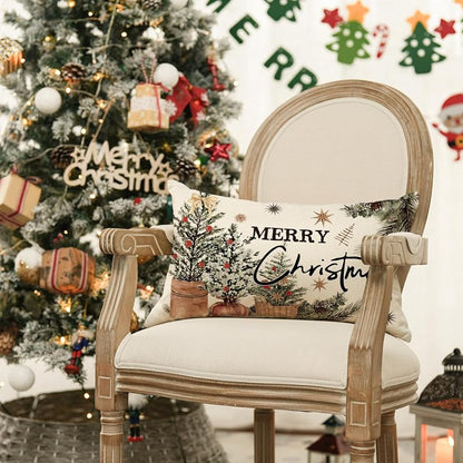Merry Christmas Eucalyptus Red Berries Throw Pillow Cover 20" x 12" — Winter Holiday Cushion Case