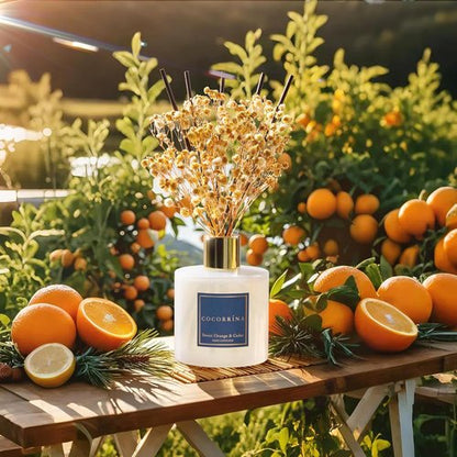 COCORRÍNA Reed Diffuser - Sweet Orange & Cedar Aroma | 6.7 Fl. Oz Set with Sticks & Baby's Breath Decor