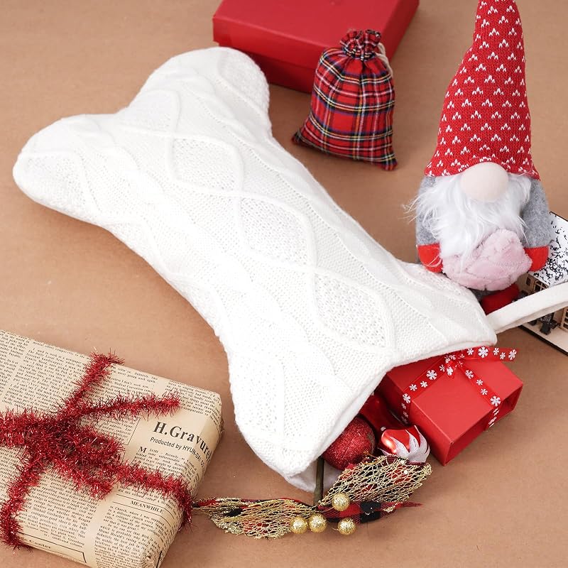 White Bone-Shaped Knitted Dog Christmas Stocking - Large 16.5" x 9.4"