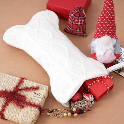 White Bone-Shaped Knitted Dog Christmas Stocking - Large 16.5" x 9.4"