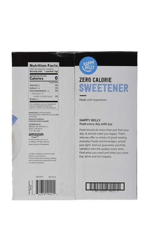 Happy Belly Zero Calorie Blue Aspartame Sweetener Packets - 1000 Count | Sugar-Free Powder