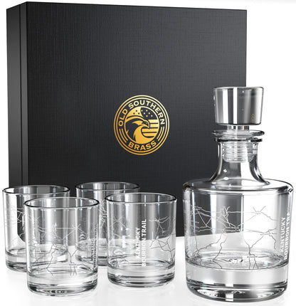 Kentucky Bourbon Trail Decanter Whiskey Glass Gift Set - 5 Piece Set - Premium Gift Box