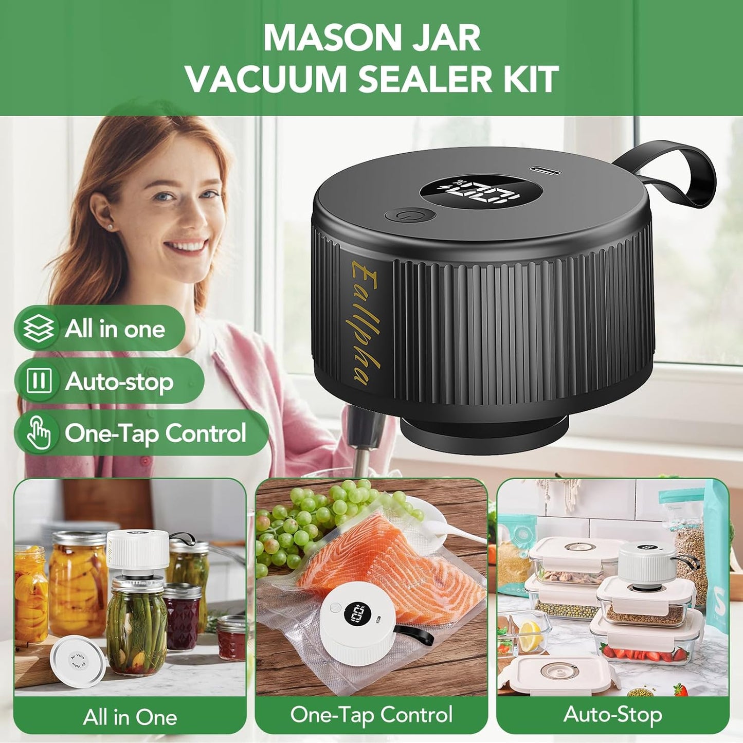 Skiennix Electric Mason Jar Vacuum Sealer - 3-in-1 Handheld Food Storage Solution for Jars & Bags