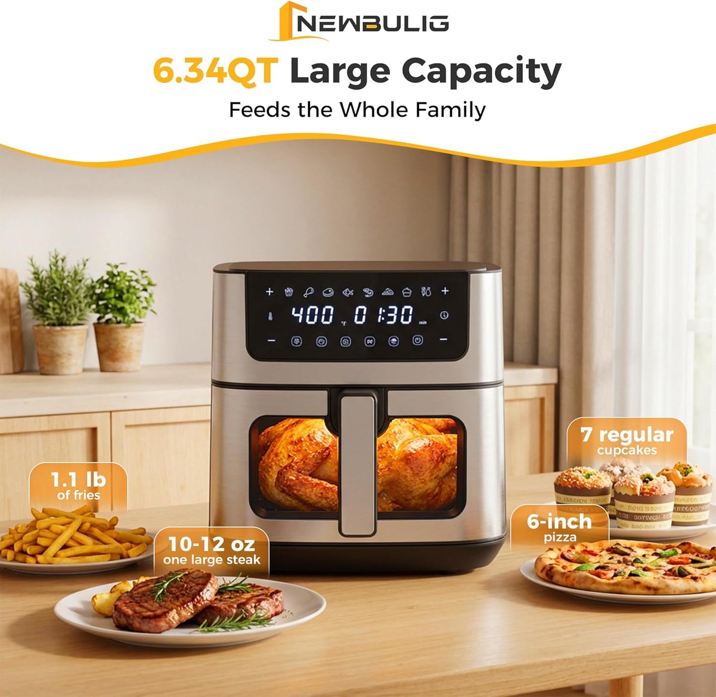 NEWBULIG Air Fryer 6.34QT - Fast Heating Air Fryer with Visible Window & Nonstick Basket | 8-in-1 Cooking Presets, Black