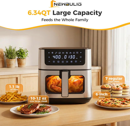 NEWBULIG Air Fryer 6.34QT - Fast Heating Air Fryer with Visible Window & Nonstick Basket | 8-in-1 Cooking Presets, Black