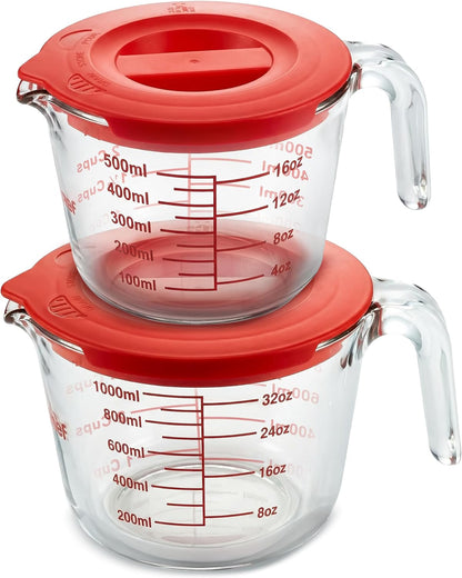 NutriChef Glass Measuring Cup Set - Heat-Resistant Borosilicate with Lids | 2 & 4 Cups (17 & 34 oz)
