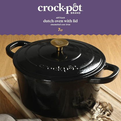 Crock Pot Artisan 7-Quart Round Cast Iron Dutch Oven - Durable Black Enamel Finish with Gold Knob