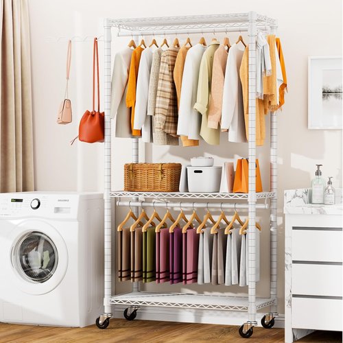 HYSEYY Portable Closet - Heavy Duty Adjustable Garment Rack with 4 Rods & Shelves | 73.6" L x 17.3" W x 76.4" H (White)