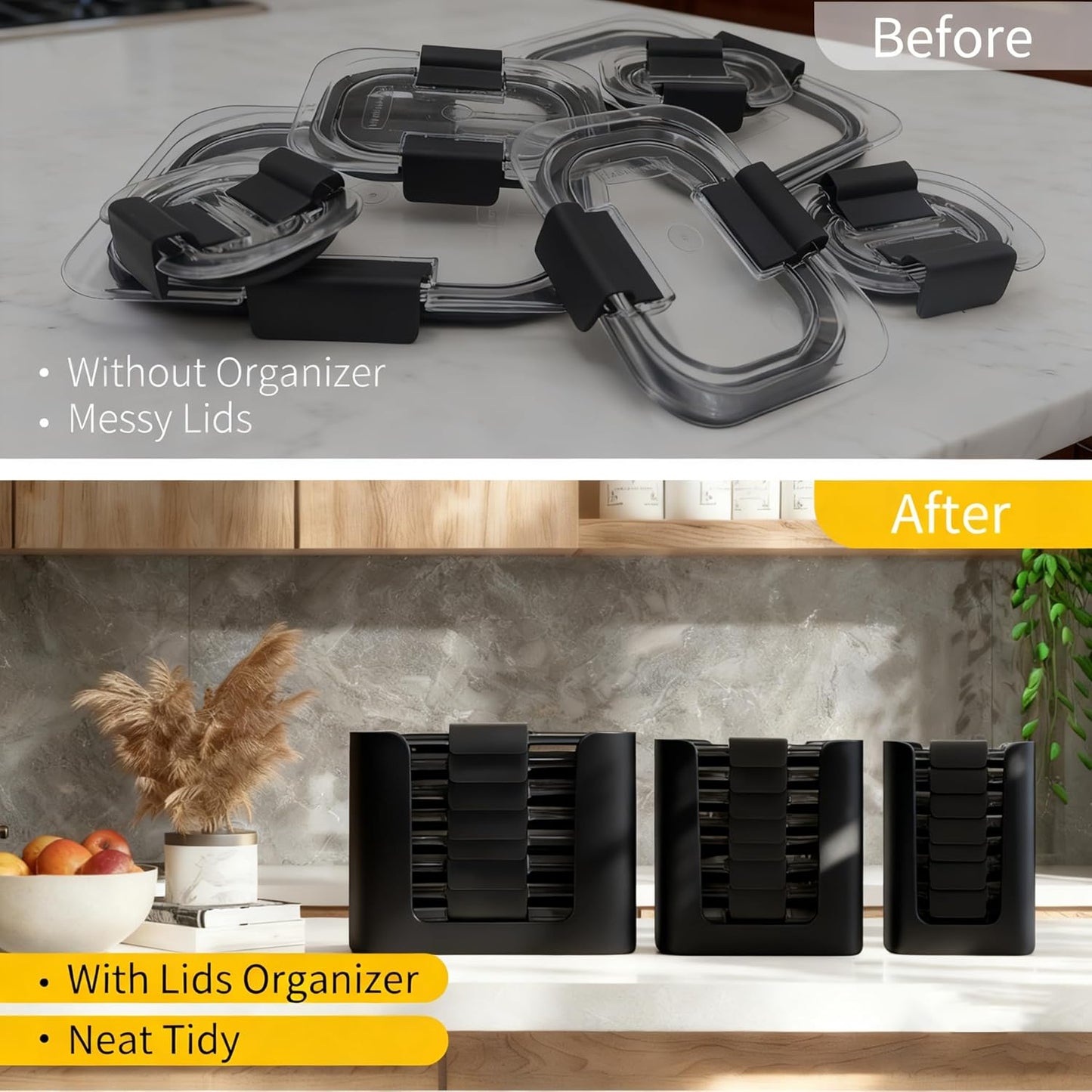 Rubbermaid Brilliance Lid Organizer - 3-Piece Kitchen Storage for 24 Nap-On Lids | Fits 4.7, 3.2, 1.3 & 0.5 Cup Containers (Black)