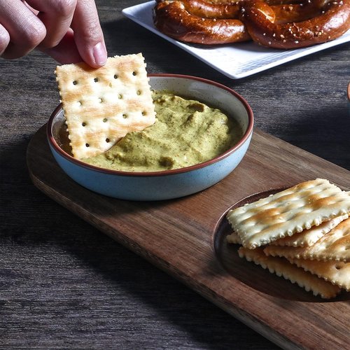Artena 6oz Turquoise Ceramic Chips and Dip Platter - Acacia Wooden Tray & 4.5" Dipping Bowls