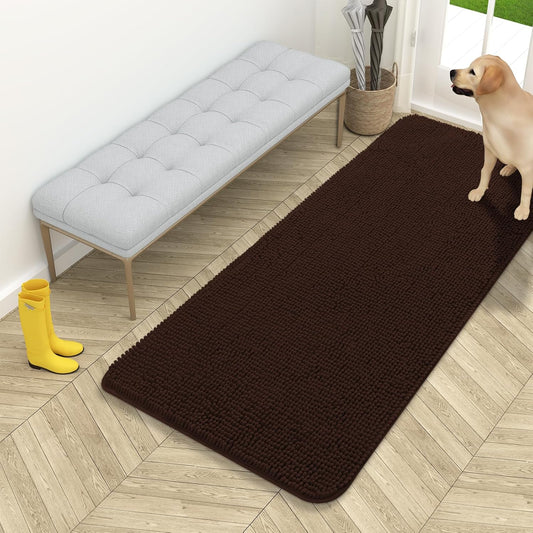 OLANLY Dog Door Mat - Absorbent Non-Slip Chenille Mat for Muddy Paws | 54x24 Inches, Quick Dry, Brown