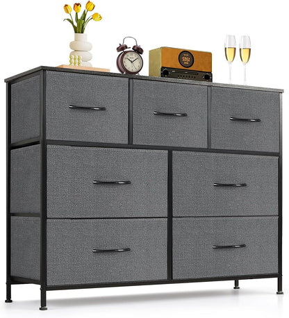 Skiennix 7-Drawer Dresser - Anti-Tip Fabric Storage Organizer with Wooden Top | Gray Finish for Bedroom & Living Room