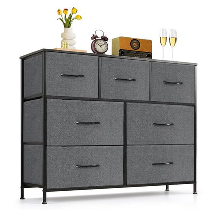 7-Drawer Dresser for Bedroom, Anti-Tip Wide Storage Organizer Fabric Chest of Drawers TV Stand for 45" TV with Wooden Top and Metal Frame for Closet, Living Room, Hallway, Entryway, Gray