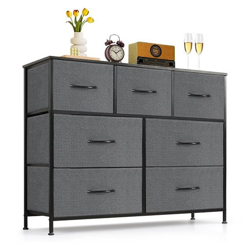 7-Drawer Dresser for Bedroom, Anti-Tip Wide Storage Organizer Fabric Chest of Drawers TV Stand for 45" TV with Wooden Top and Metal Frame for Closet, Living Room, Hallway, Entryway, Gray