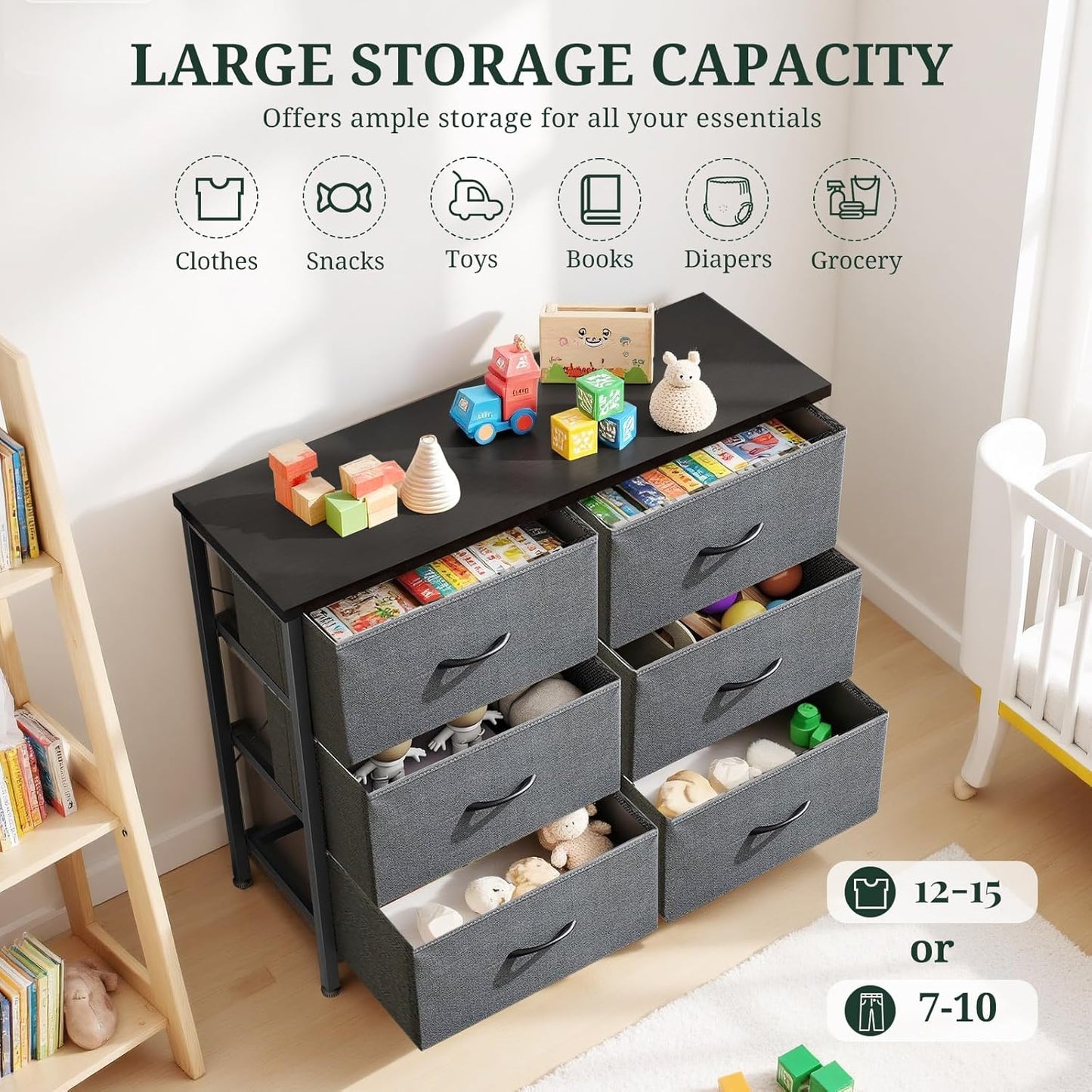 Skiennix 6-Drawer Dresser - Anti-Tip Storage Organizer with Wooden Top & Metal Frame - Gray