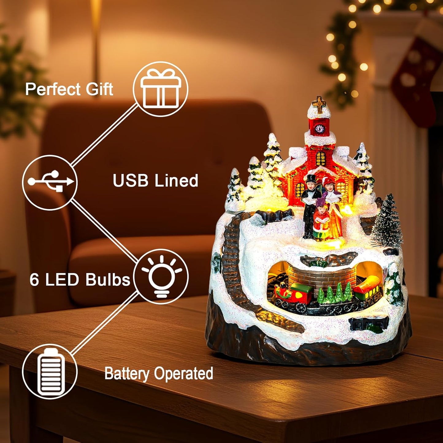 MXwcy Animated Christmas Village Decoration - Lighted Church Choir & Moving Train | Holiday Centerpiece