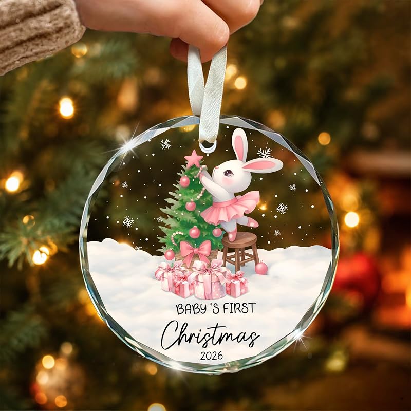 Baby Girl First Christmas Ornament 2026 - Glass Keepsake with Pink Bunny, 3.07 in, Variation: Baby 1st Christmas Pink