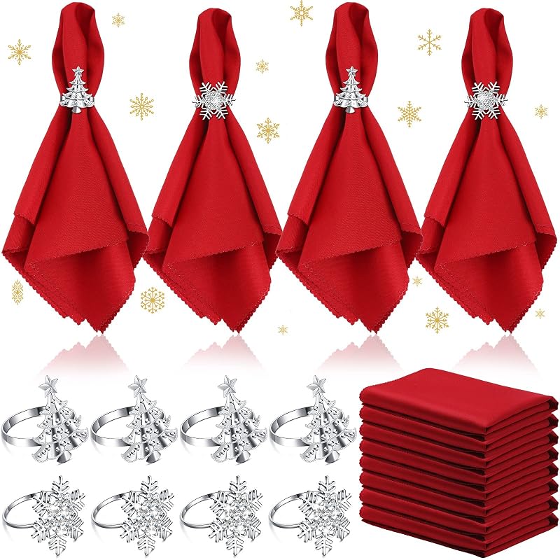 Snowflake & Tree Napkin Ring Set - 16 Pcs Red Cloth Napkins with 8 Metal Rhinestone Rings (Variation: Snowflake, Tree)