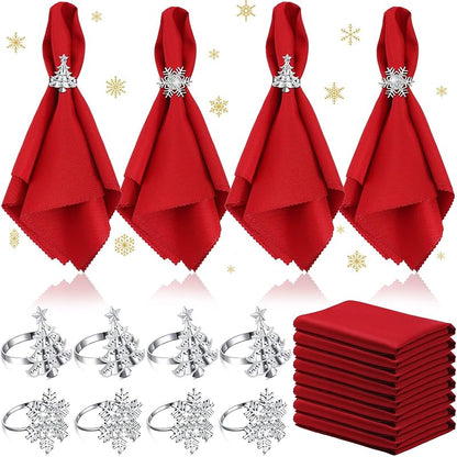 Snowflake & Tree Napkin Ring Set - 16 Pcs Red Cloth Napkins with 8 Metal Rhinestone Rings (Variation: Snowflake, Tree)