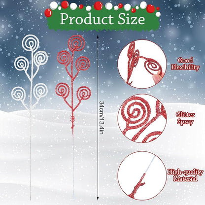 Riceshoot 50 Pcs Christmas Tree Picks Red & White Glitter Sprays - 34 cm