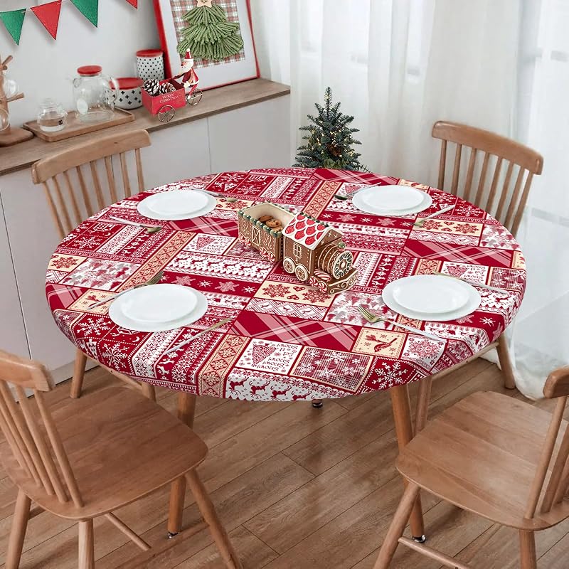 Elastic Round Tablecloth - 36-44 Inch Fit, 44"/54" Diameter, Water-Resistant Fitted Table Cover (Red Xmas Elements+44)