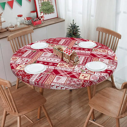 Elastic Round Tablecloth - 36-44 Inch Fit, 44"/54" Diameter, Water-Resistant Fitted Table Cover (Red Xmas Elements+44)