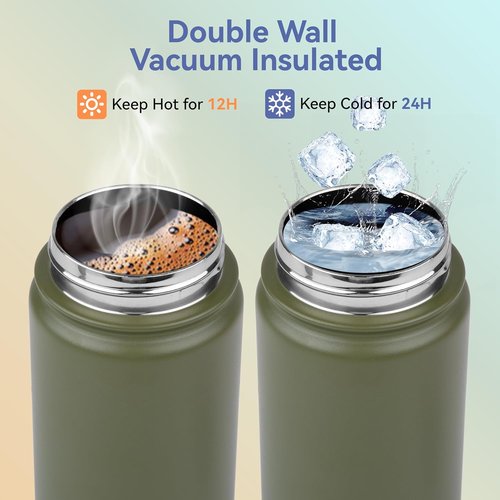 HASLE OUTFITTERS Insulated Water Bottle - 16 oz Double Wall Stainless Steel | Leak Proof, Wide Mouth, Army Green