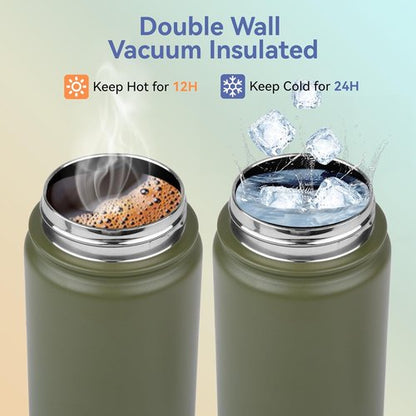 HASLE OUTFITTERS Insulated Water Bottle - 16 oz Double Wall Stainless Steel | Leak Proof, Wide Mouth, Army Green