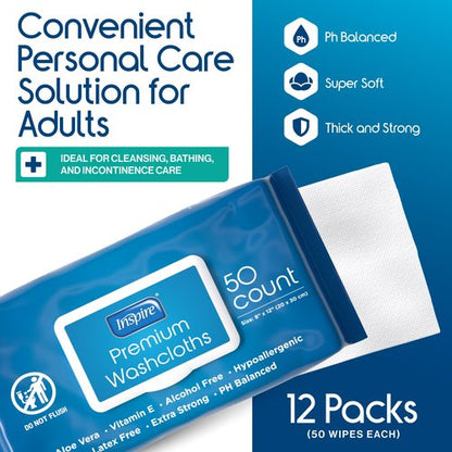 Inspire Adult Wet Wipes, Wash Cloths | Adult Wipes for Incontinence & Cleansing for Elderly, 8"x12" Count 12 packs of 50