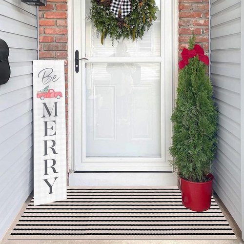 LEEVAN Outdoor Rug Runner - Black and White Striped Cotton Woven Doormat | 2x4 Feet, Washable for Home Use