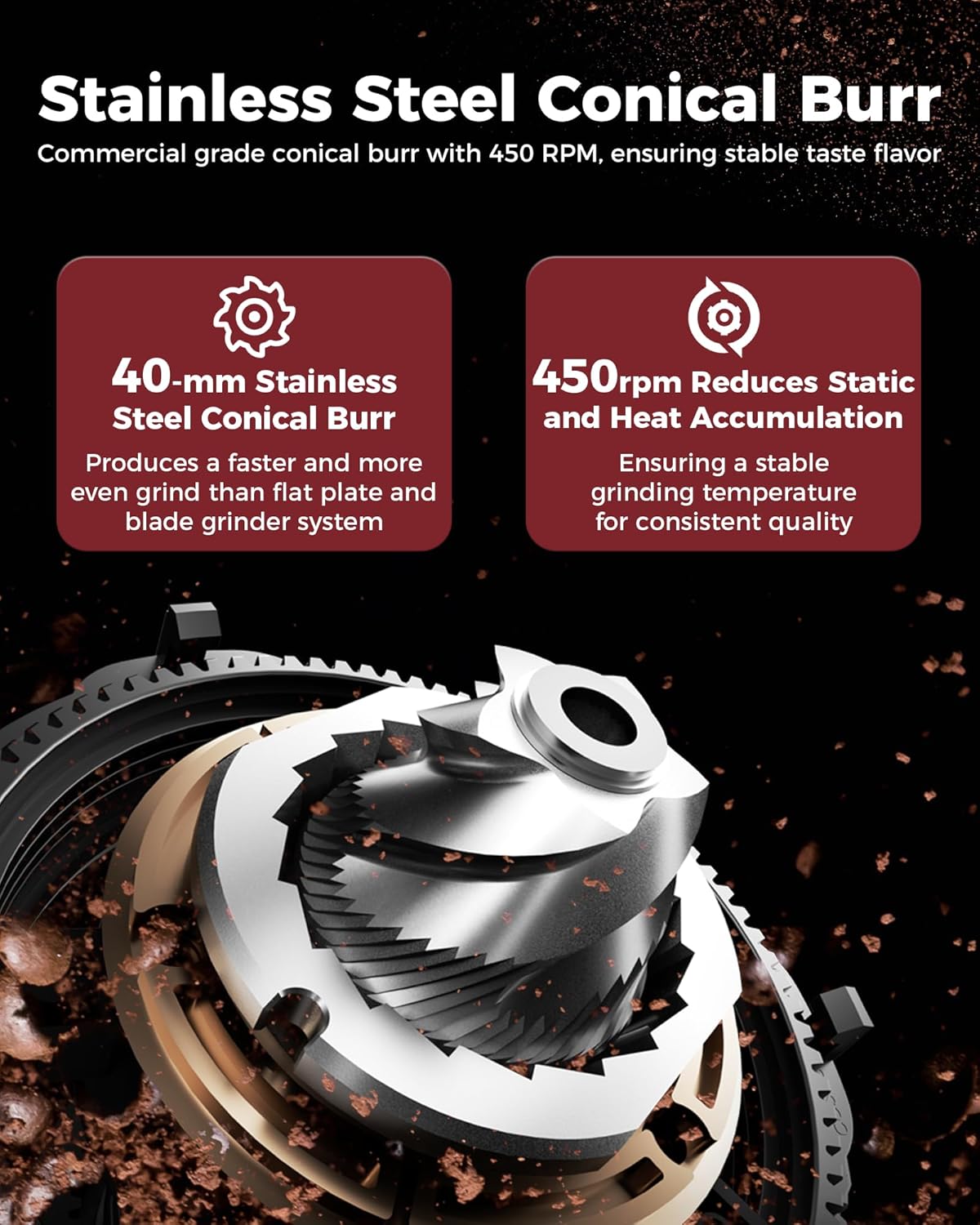 Tuni G1 Conical Burr Coffee Grinder - 48 Grind Settings, Precision Timer & LED Touchscreen - Stainless Steel Silver