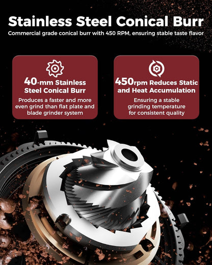 Tuni G1 Conical Burr Coffee Grinder - 48 Grind Settings, Precision Timer & LED Touchscreen - Stainless Steel Silver