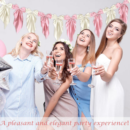 Skiennix White Pink Bow Garland Banner - Elegant Satin Ribbon Decor for Bridal Showers & Parties | 6ft