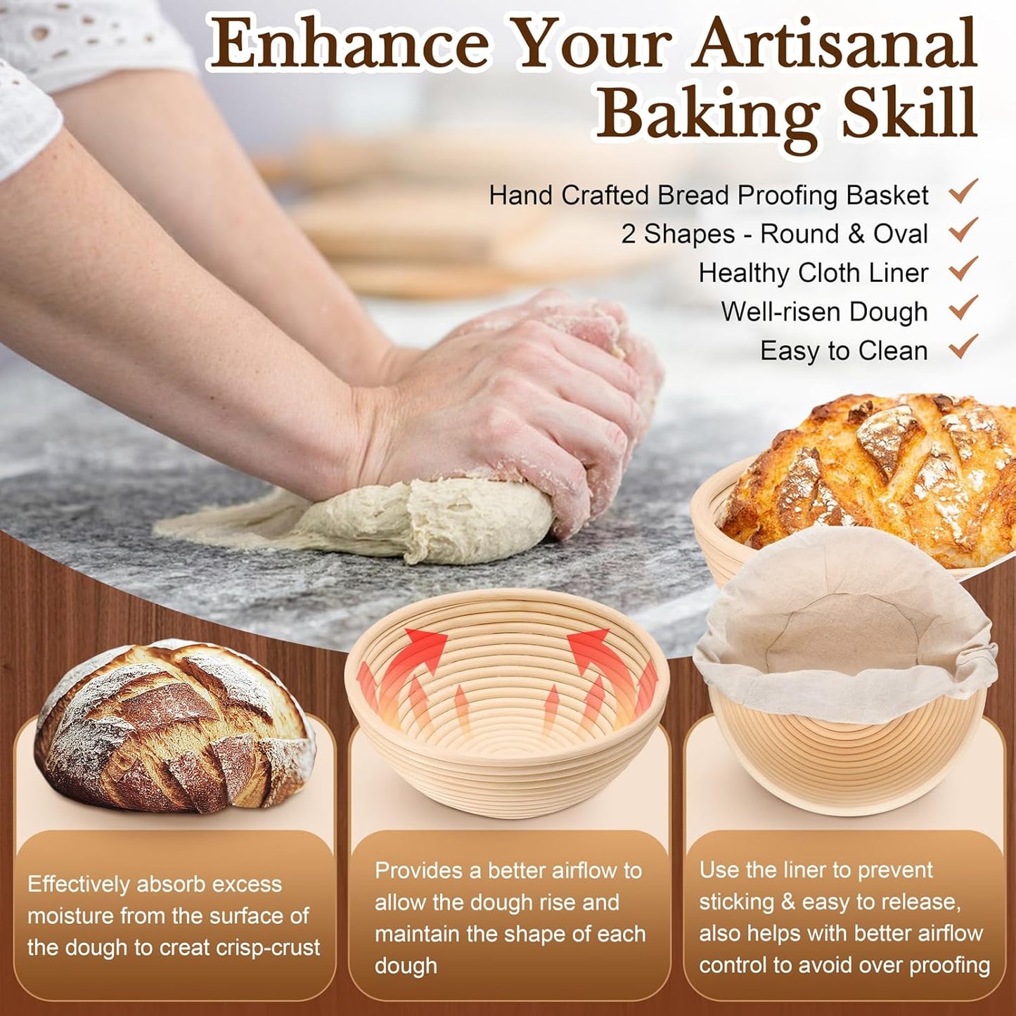 TeamFar Sourdough Bread Baking Kit - 9” Round & 10” Oval Proofing Baskets with Cloth Liner & Tools