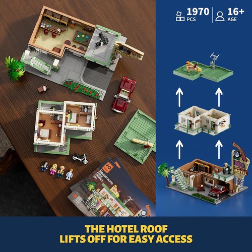 FUNWHOLE City Car-Hotel Lighting Building Set - 1970 Pcs Modular Twilight Motel with LED Lights for Adults & Teens