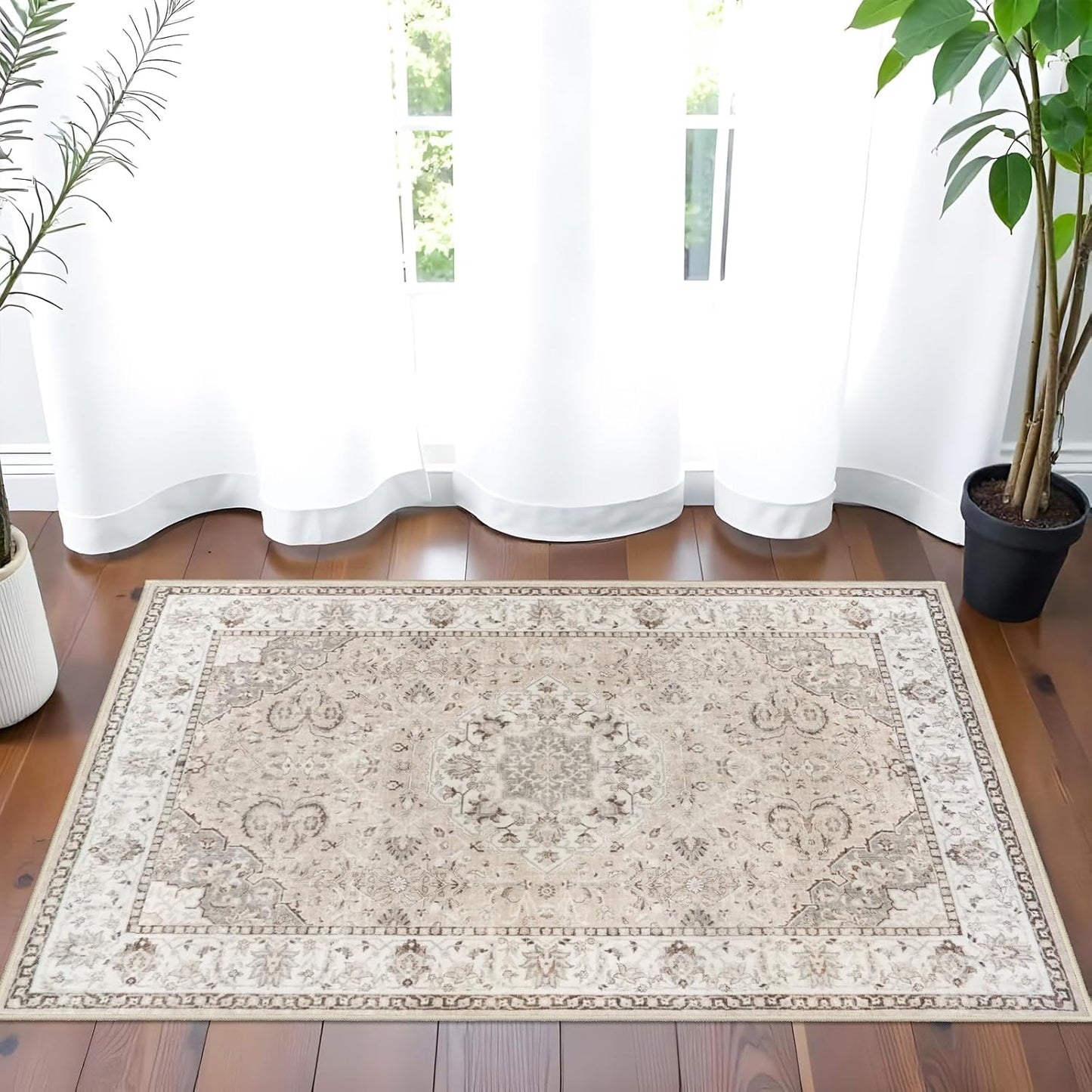 Regine Switzerland Washable 2x3 Entryway Area Rug - Soft Vintage Non-Slip Indoor Carpet in Beige