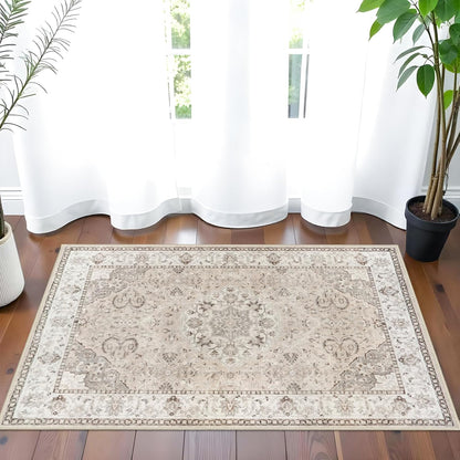 Regine Switzerland Washable 2x3 Entryway Area Rug - Soft Vintage Non-Slip Indoor Carpet in Beige