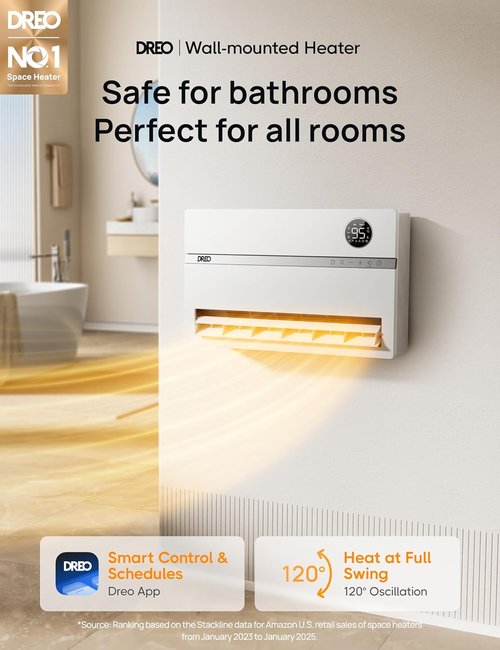 DREO Wall Heater - Smart 1500W Space Heater with 120° Oscillation & Adjustable Thermostat | Ideal for Bathroom, Bedroom, Office