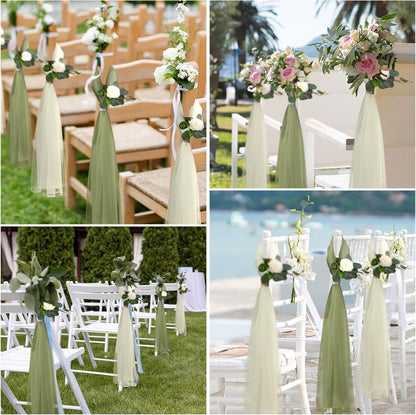 Skiennix 24-Piece Large Wedding Aisle Decorations - 31.5-Inch Hydrangea & Gardenia Flowers with Tulle Tails | Elegant Church Pew Decor for Bridal Showers & Receptions (Green)