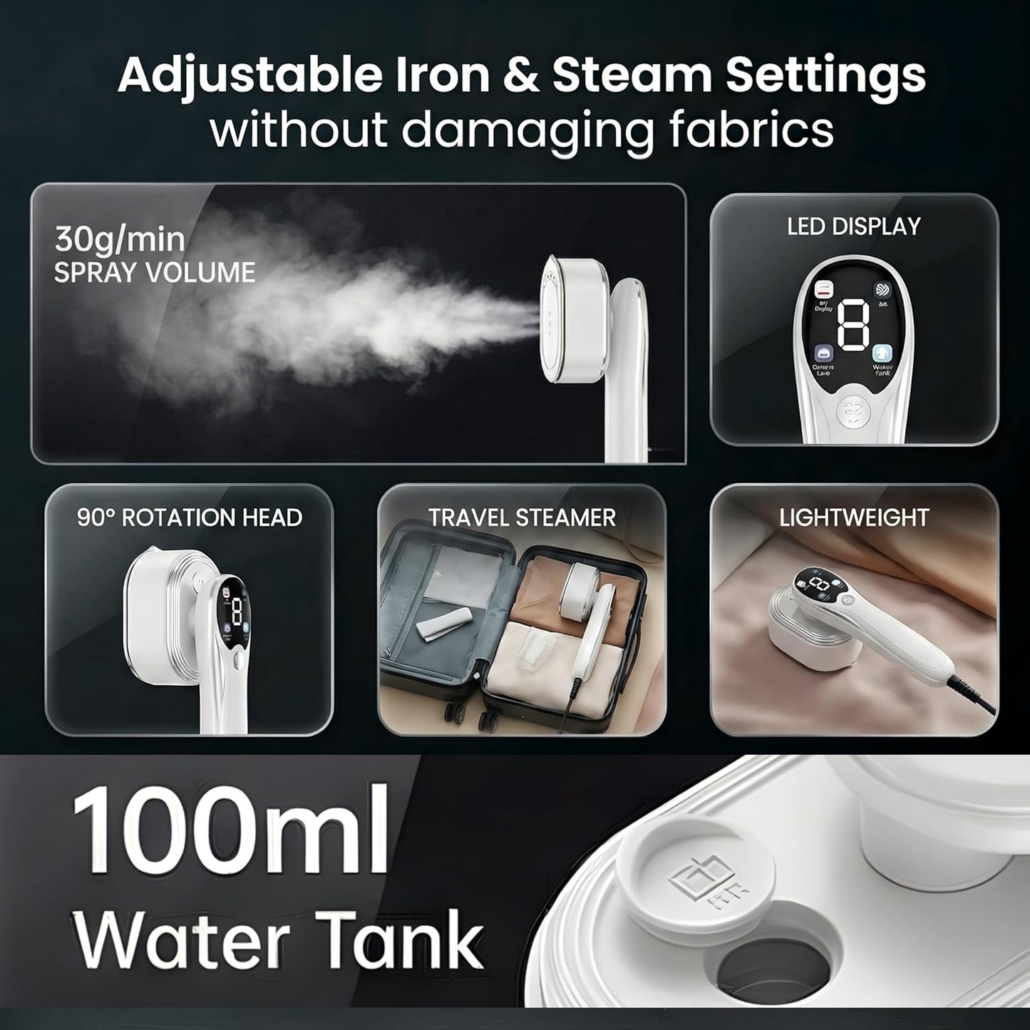 Skiennix Travel Steamer - 1200W Fast Heat Wrinkle Remover with 4 Modes & 100ml Tank | White