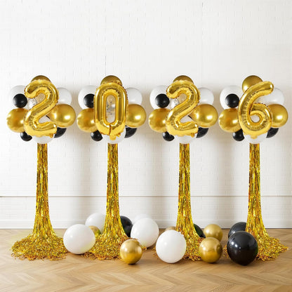 2026 Graduation Balloon Columns Kit - Set of 4 Stands with Gold Fringe Curtain for Party Decor