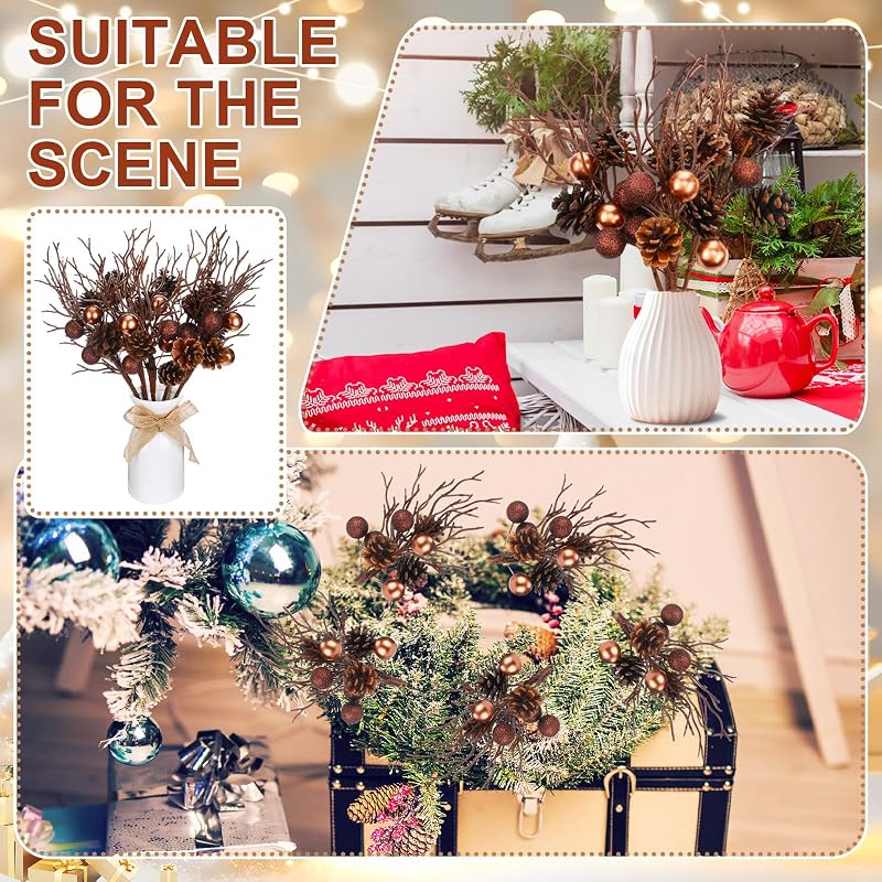 18 Pack Christmas Pinecone Picks - 14.5 Inch Rustic Bronze & Brown Branches (Variation 18)
