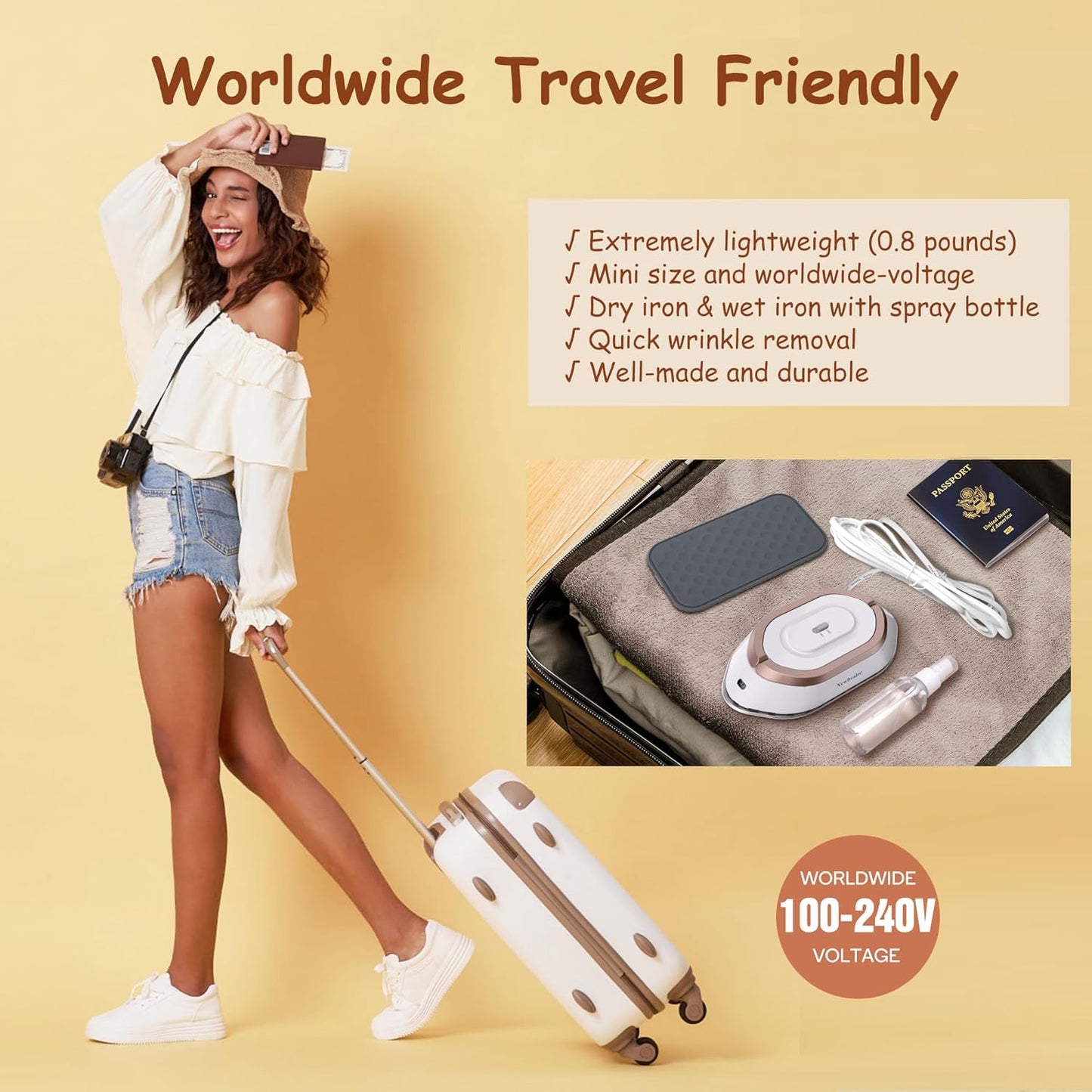 Newbealer Travel Iron - Mini Dry Iron with Global Voltage, 100-240V, 300W, Non-Stick Ceramic Soleplate, Gold