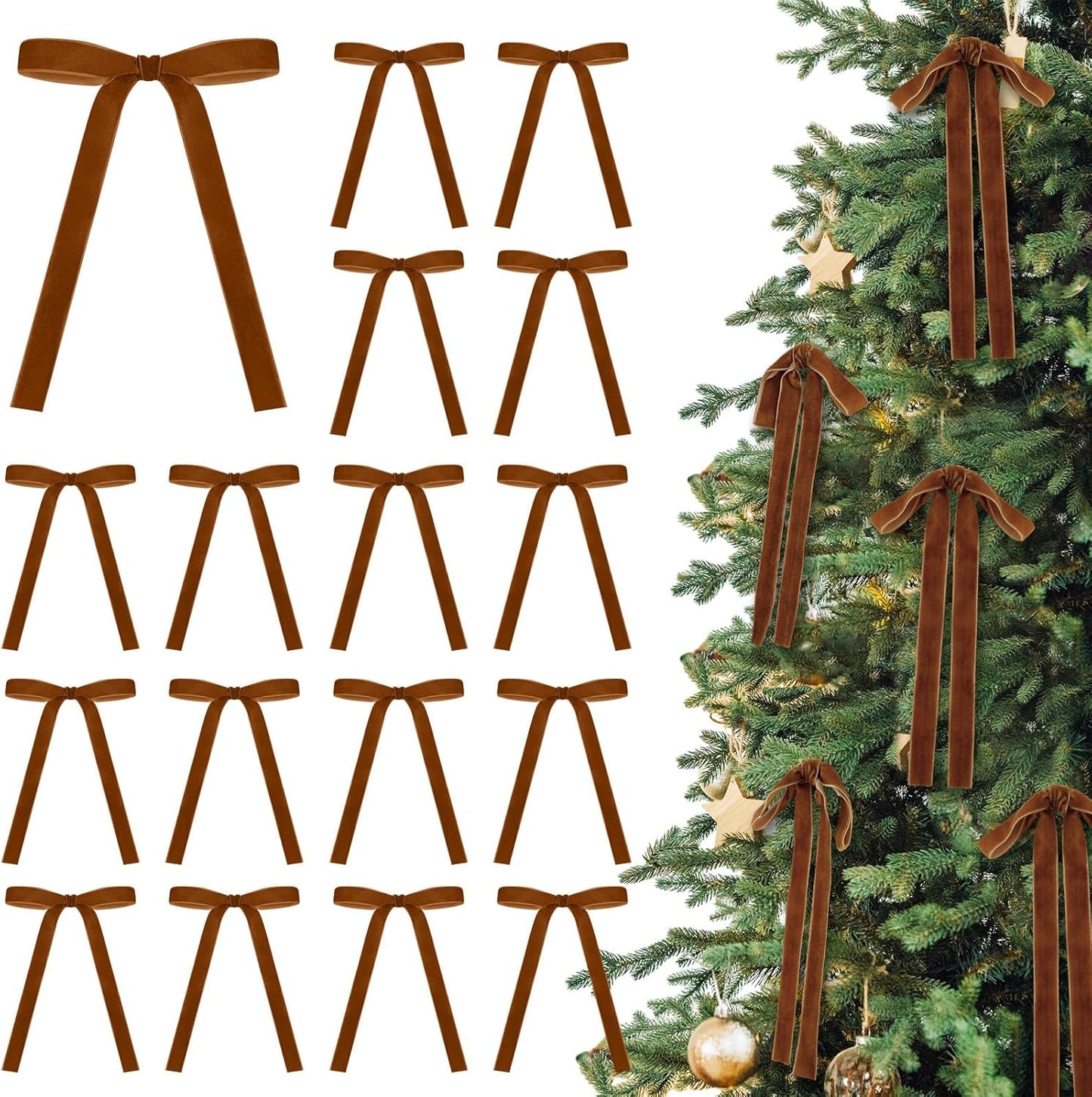 Skiennix 24 Pcs Velvet Bows - Vintage Ribbon Bows for Christmas Tree & Crafts | 5 x 7 Inch, Copper