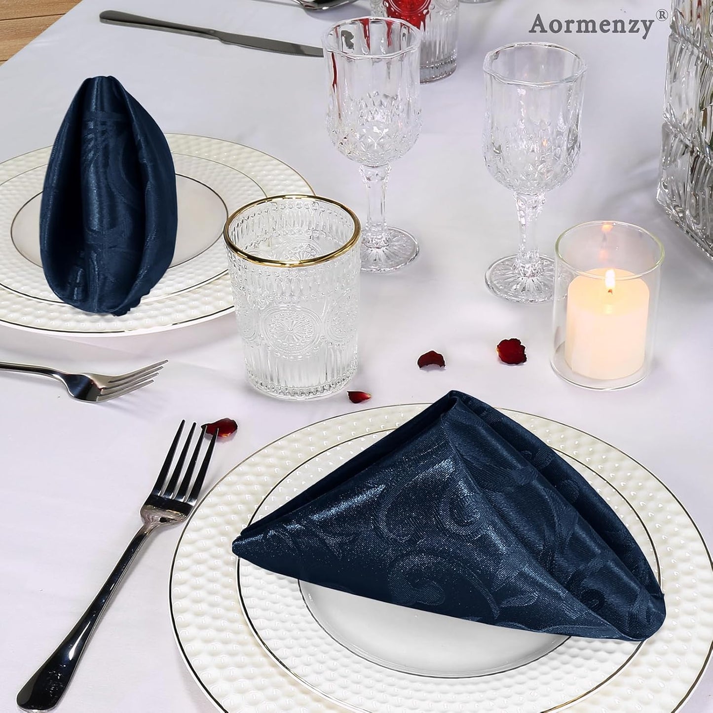 Aormenzy Navy Blue Satin Napkins - 50 Pack, 17 x 17 Inches, Elegant Floral Design
