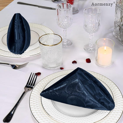 Aormenzy Navy Blue Satin Napkins - 50 Pack, 17 x 17 Inches, Elegant Floral Design