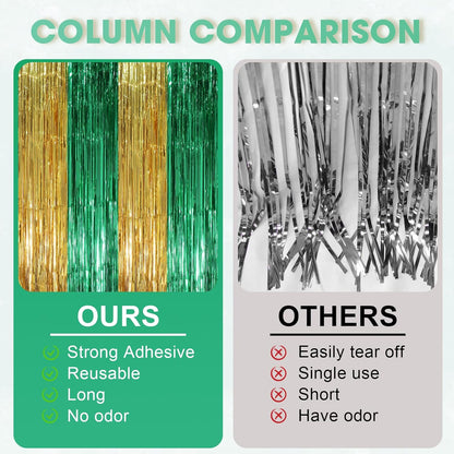 Voircoloria Green and Gold Foil Fringe Backdrop Curtains - 3 Pack Tinsel Streamers for Parties | 3.3 x 8.2 ft