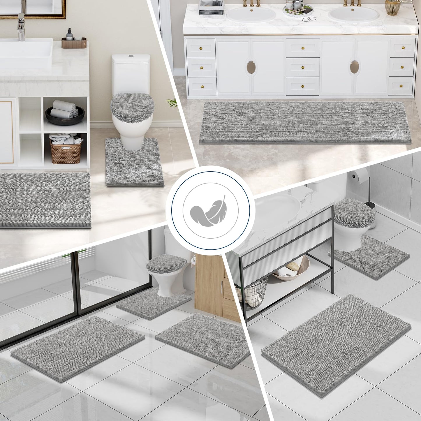Smiry Bathroom Rugs Sets 2 Piece, Soft Absorbent Chenille Machine Washable Non Slip Shaggy Bath Rug Set for Tub, Shower, and Floor (30x20+24x16, Light Grey)